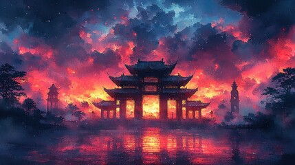Obraz premium Traditional Chinese Architecture at Sunset with Watercolor Style