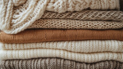 Soft texture of knitted wool sweaters stacked in warm tones of beige and cream.
