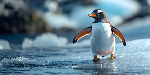 Fototapeta premium Penguin walking on frozen surface