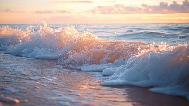 Soft waves breaking gently on the shore under the soft light of a setting sun.