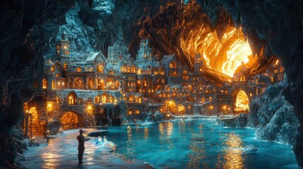 Obraz premium Fantasy Cave City with Water and Lights