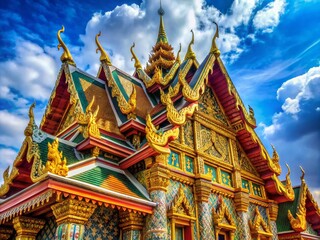 Fototapeta premium Traditional Thai Architecture with Unique Angles and Intricate Design Elements Against a Blue Sky
