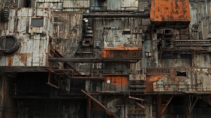 A weathered and rusted industrial facade with a patchwork of metal panels and exposed pipes.