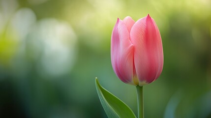 Obraz premium A close-up of a pink tulip just beginning to open, with a blurred green garden background.