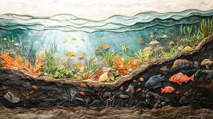 Obraz premium 1. A detailed cross-section of a body of water, showcasing various layers of aquatic life. The upper layer features sunlight filtering through, with vibrant fish and plants, while deeper layers