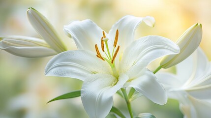 Fototapeta premium A close-up of a white lily in full bloom, with soft petals and delicate details captured in natural light.