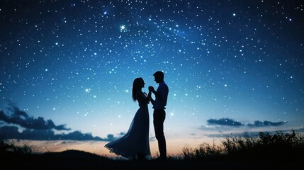 Under the stars, a young couple dances outside during a romantic evening.