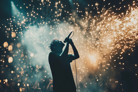 A passionate singer belting out powerful lyrics center stage, captivating the audience with their raw emotion and incredible vocal range