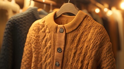 6. A cozy long-sleeve shirt in a 3D rendering, featuring a textured knit pattern and warm colors. The shirt is shown hanging on a hanger with soft lighting enhancing its softness.