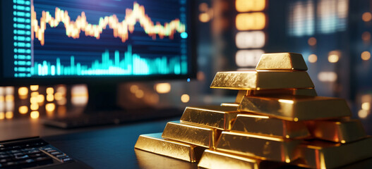 stack of gold bars sits on desk in front of computer displaying financial data, symbolizing wealth and investment opportunities. scene conveys sense of prosperity and financial growth
