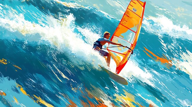Windsurfing on a Blue Ocean Wave