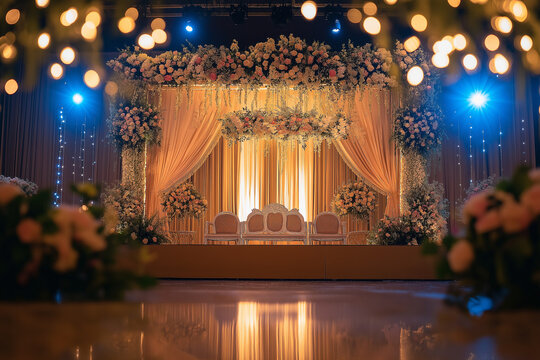 A wide stage at a wedding venue, softly illuminated by romantic lights, setting the perfect ambiance for a magical celebration