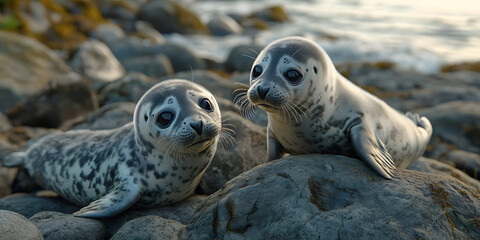Adorable baby seals resting on rocky shore
