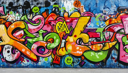 Obraz premium A graffiti-covered urban wall, showcasing vibrant colors, bold lines, and an edgy, artistic vibe