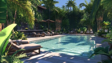 Fototapeta premium Stylish pool area with sun loungers, a pool bar, and tropical plants all around.