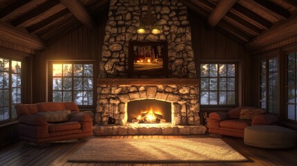 Stone fireplace with firelight casting shadows on the wall in a cozy, rustic home