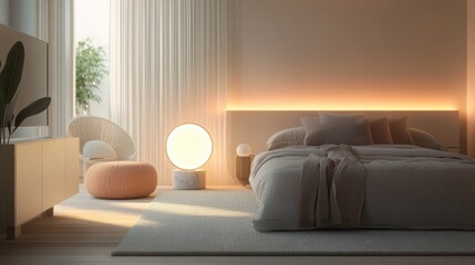Subtle ambient light in a chic, modern bedroom with soft pastel decor.