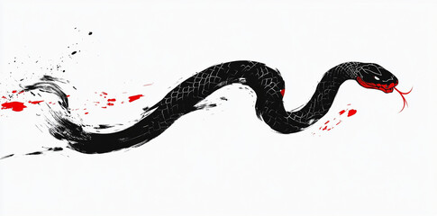 Obraz premium striking black snake illustration with bold red accents, showcasing dynamic brush stroke style on clean white background. This artwork captures sense of movement and intensity
