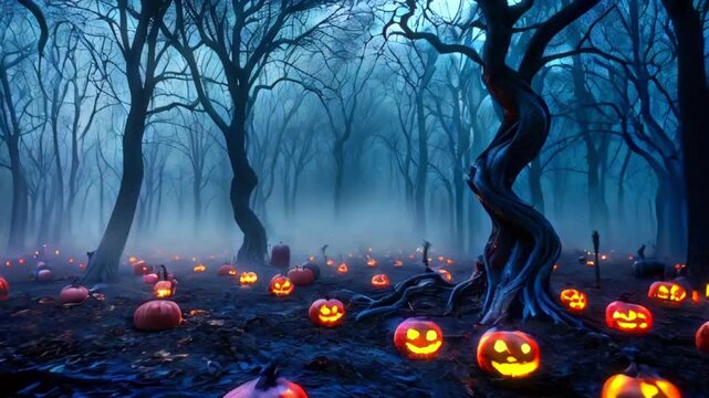 Jack-o'-lanterns illuminate a spooky forest scene with fog and gnarled trees.