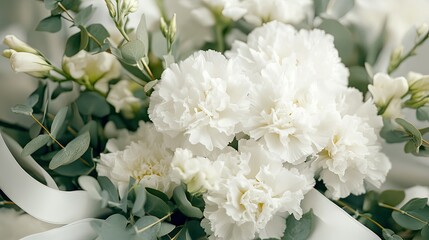 A close-up of white carnations arranged in a wedding bouquet, surrounded by soft greenery and ribbons.