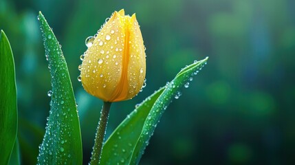Fototapeta premium Single yellow tulip with morning dew, adding a fresh and delicate touch.