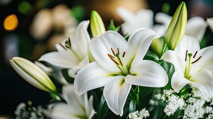 Fototapeta premium A close-up of white lilies in a funeral arrangement, symbolizing peace and remembrance.