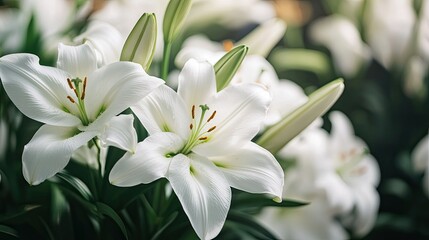 A close-up of white lilies in a funeral arrangement, symbolizing peace and remembrance.