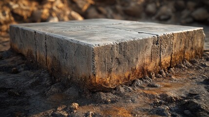 A weathered concrete slab surrounded by earthy textures.