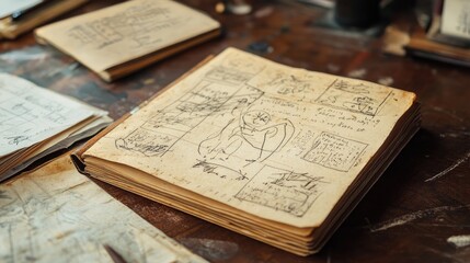 Obraz premium Vintage paper with hand-drawn sketches, reminiscent of a historical s notebook.