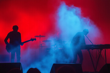 Musicians Playing Under Red and Blue Lights with an Energetic Concert Atmosphere