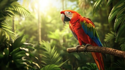 A colorful parrot perched on a branch in a rainforest, surrounded by lush greenery and vibrant nature.