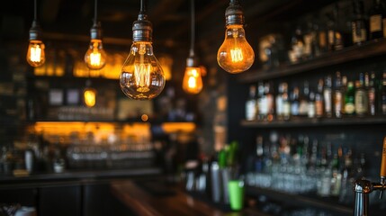 Warm ambient light from vintage-style bulbs hanging over a rustic bar.