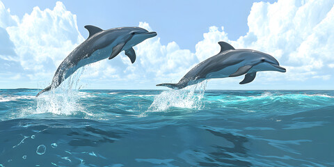 Obraz premium Dolphins leaping above blue water
