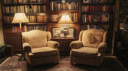 Warm ambient light highlighting a vintage-style reading corner with plush chairs.