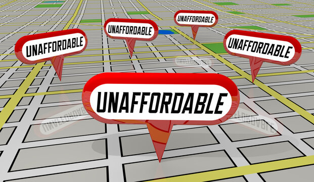 Unaffordable Houses Homes Pins on Map Housing Shortage Demand Prices Costs Too High 3d Illustration