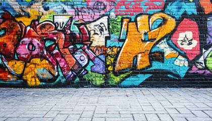 Fototapeta premium A graffiti-covered urban wall, showcasing vibrant colors, bold lines, and an edgy, artistic vibe