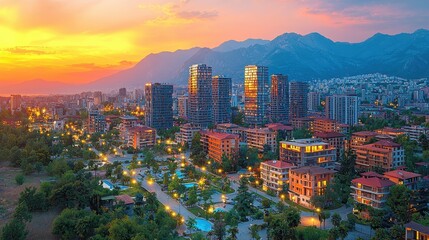 Obraz premium Cityscape with Mountains and Sunset Urban Skyline Aerial View Twilight Sky Golden Hour Modern Architecture Buildings and Houses City Lights