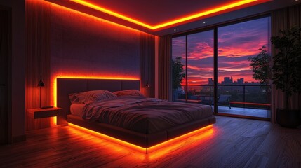 Modern Bedroom with LED Lighting and City Skyline View at Sunset