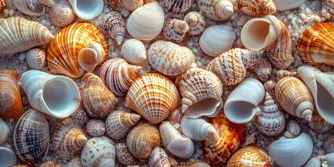 A vibrant collection of seashells of different shapes and sizes, showcasing the intricate beauty and diversity of marine treasures.