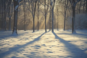 Sunlight Streaks Through a Snowy Forest