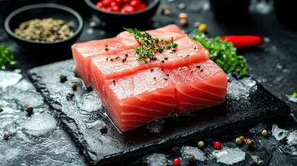 Colorful fresh salmon fillet with herbs and spices. Salmon and vegetables. Raw fish fillet. Healthy Food. Fresh meat for a sashimi plate with herbs. Salmon fish
