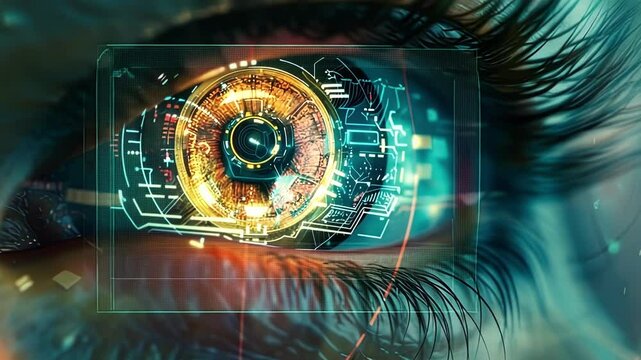 Enhanced futuristic human eye with technological implant, merging man and machine, evoking biohacking and artificial intelligence themes