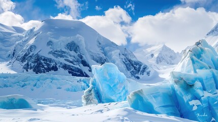Obraz premium Majestic Snow-Covered Mountain Peak against Clear Blue Sky with Copy Space - Serene Winter Landscape