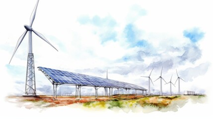 A wind farm with a large wind turbine in the foreground