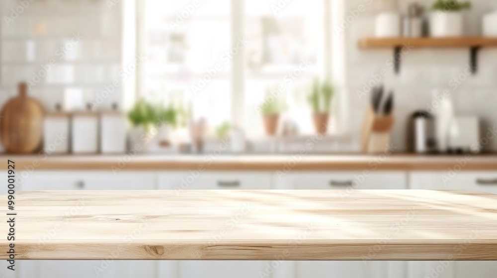 Canvas Prints White table background over blur bokeh light for product display White wood desk counter shelf surface backdrop Empty wooden table top over blur kitchen room background for food banner  