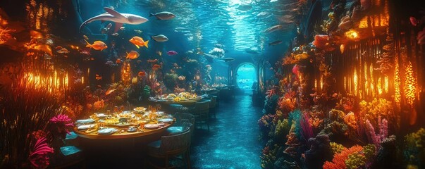 Fototapeta premium Long shot of a surreal culinary art festival, underwater banquet with fish serving dishes, vibrant marine colors, floating tables