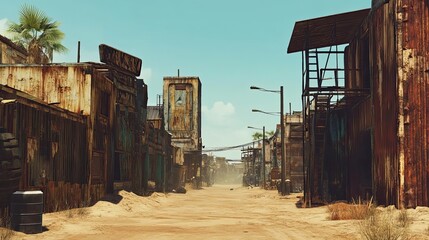 Fototapeta na wymiar Desolate Street in a Rusty, Abandoned Town