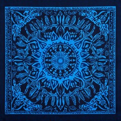 A blue and black mandala design featuring intricate patterns and motifs.