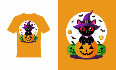 black cat with bright red eyes Halloween t shirt design.