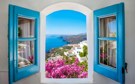 Mediterranean view from an open window, featuring a serene sea open window to coastal village blooming pink flowers turquoise blue sea